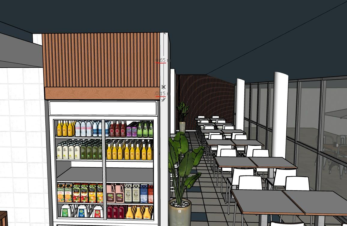 Render 3D do frigorífico de bebidas e área de mesas alongada com pé direito duplo.