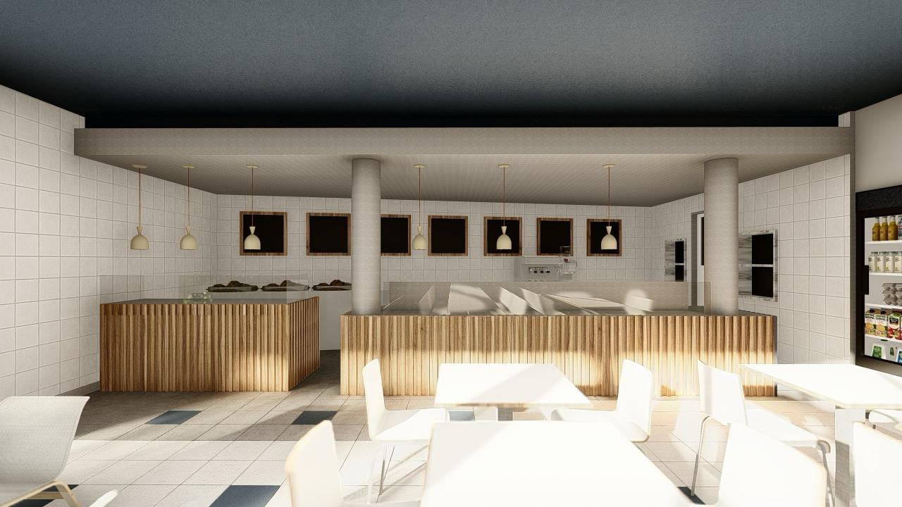Render 3D do projeto — sala ampla com lounge, balcão em ripado e pé direito alto.