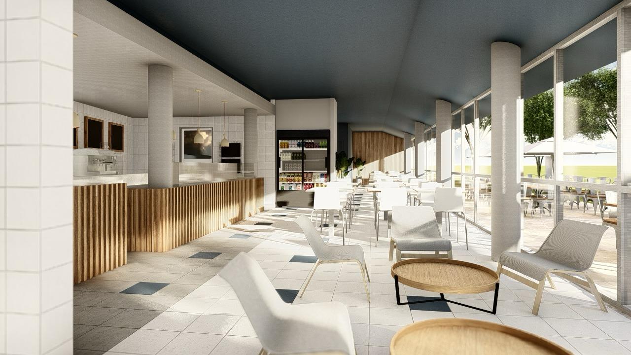 Render 3D do lounge da cafetaria com cadeiras de espreguiçar, mesa redonda em madeira e vista para o exterior.