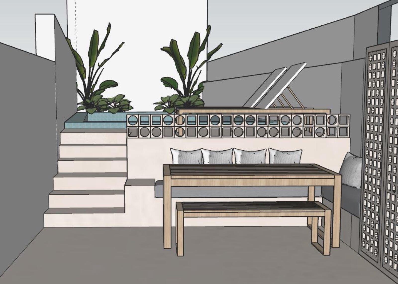 Render 3D do projecto — lounge exterior com bancada corrida, mesa e bancos em madeira, parede vazada decorativa.