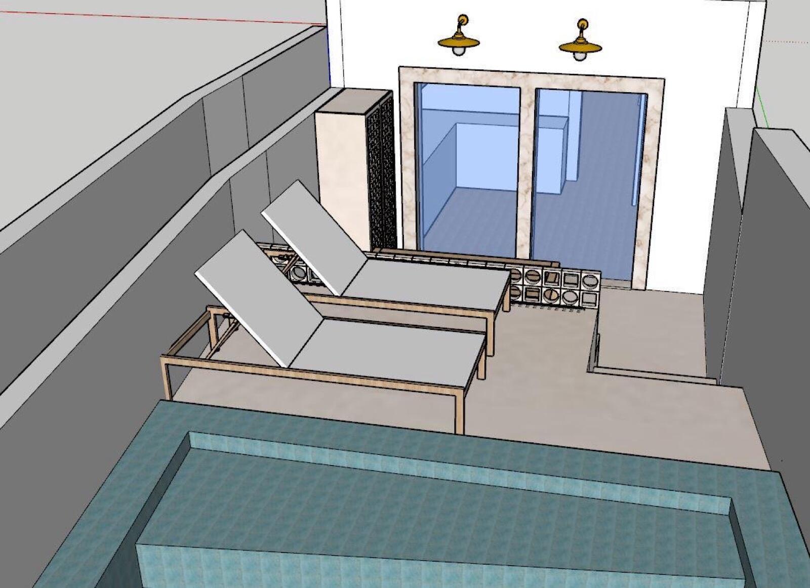 Render 3D do projecto — vista sobre a piscina, espreguiçadeiras e acesso ao interior por porta envidraçada.